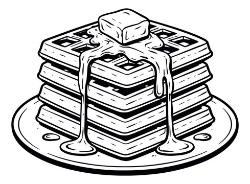 Hand drawn line art illustration of a stack of waffles depicting melting butter and dripping syrup for a breakfast menu
