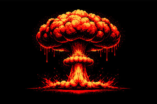 Vector illustration of a fiery red and orange pixel art nuclear mushroom cloud with blood dripping and halftone effect on black background, symbolizing war, destruction, and apocalyptic danger.