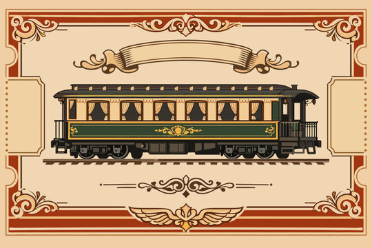 Vintage Train Ticket Template with Ornate Passenger Carriage Illustration, Retro Rail Travel Design Featuring Decorative Victorian Borders and a Blank Banner for Custom Text, Vector Graphic