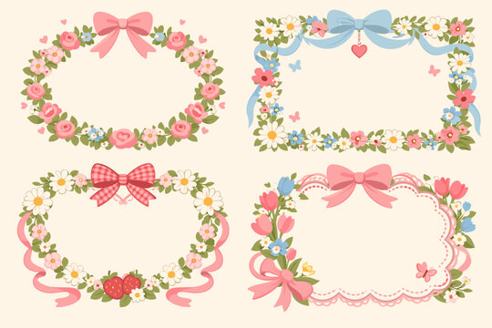 Vintage Floral Frames Set in Coquette Art Style, Spring Hand-Drawn Whimsical Borders with Pink Bows, Roses, Daisies, Tulips, and Strawberries, Cute Decorative Frames for Wedding or Greeting Cards