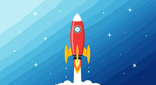 A vibrant red rocket ship blasting off into a starry blue night sky with a gradient of light to dark shades.
