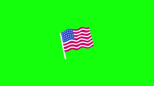 A 2D animated video of the American flag waving gently on a bright green background. Show smooth cloth-like motion, soft ripples across the red and white stripes, and a stable white flagpole.