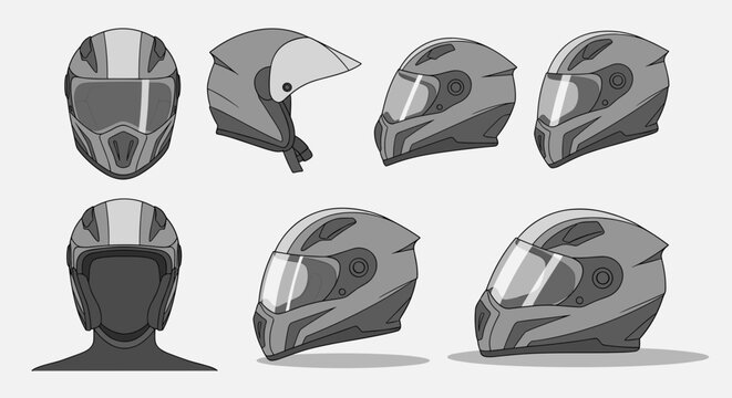 A set of motorcycle helmets in various views and angles for design and safety purposes