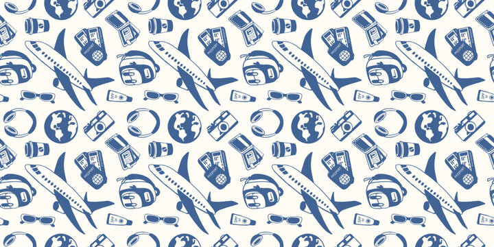 Travel seamless pattern with airplane, backpack, sunglasses, camera, ticket and globe. Vacation and adventure illustration in flat style.