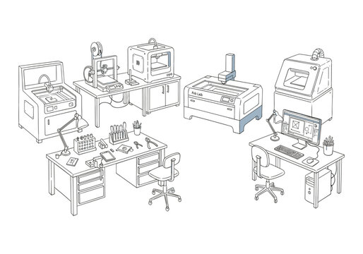 Illustration of a modern fabrication laboratory with 3D printers and laser cutters