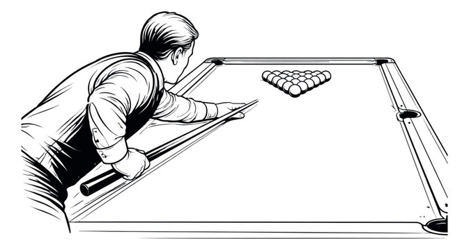 Hand drawn line art illustration of a man playing billiards depicting aiming a shot for a sports or game concept