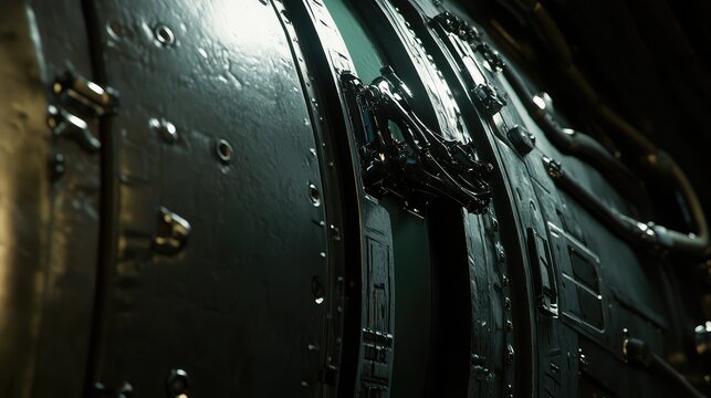 Sci fi industrial spaceship airlock featuring a dark metallic door with detailed greeble elements and various pipes, creating a futuristic and isolated interior atmosphere