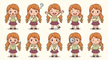 Fototapeta premium Set of Little Girl Expressions, Child Emotion Icon and Emoji Collection
