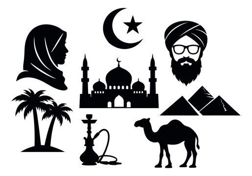 Silhouette Middle Eastern and Islamic culture icon set featuring a mosque, veiled woman, and pyramids for travel and religious themes