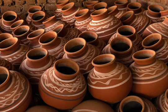 Artistic beautiful clay lamp made by potter, Handwork craft. Beautiful handmade eco friendly earthenware Indian Pottery is the art of handicrafts in Rajasthan India