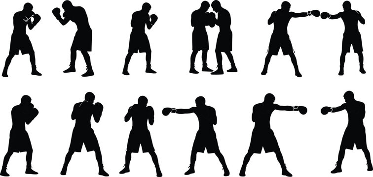 Boxer silhouettes in multiple fighting stances showing punching guarding sparring and training movements for sports illustration design