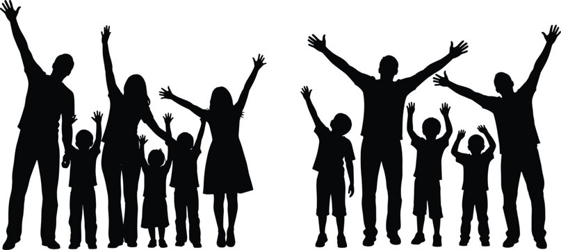 Family and children silhouettes standing together with raised arms representing unity joy celebration and community bonding illustration design