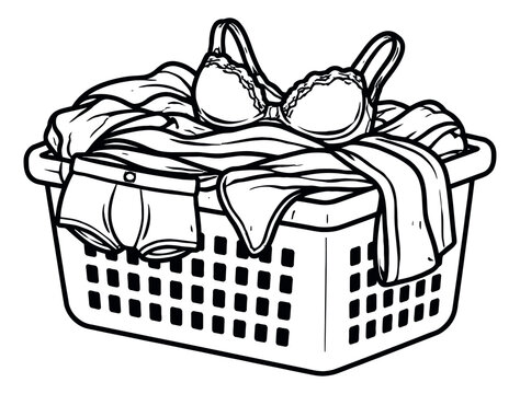 Hand drawn line art illustration of an overflowing laundry basket depicting dirty clothes for household chores