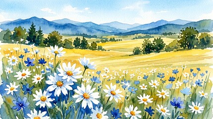 Fototapeta premium A vibrant watercolor painting features a field of white daisies and blue wildflowers. Rolling golden hills and soft blue mountains stretch toward a clear sky, evoking a peaceful, sunny day.