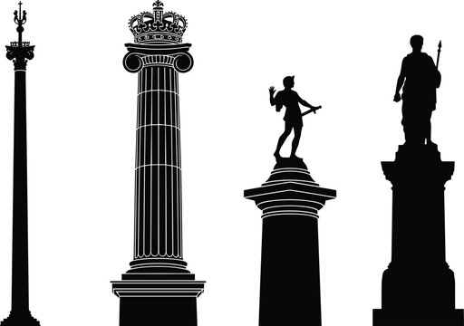 Historic monumental columns and statues silhouettes featuring royal crown trident finial and heroic figures holding weapons for architecture design
