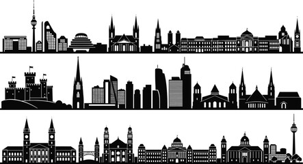 Silhouette illustration of diverse city skylines featuring modern skyscrapers historic castles churches domed buildings and architectural landmarks © IconicCreations