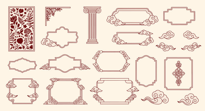 Collection of vintage decorative frames and oriental border elements with floral patterns and classical architectural columns for elegant graphic design vector illustration