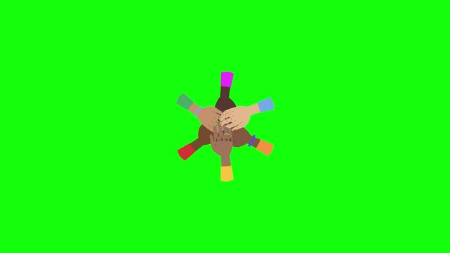  A 2D animated video of multiple diverse hands joining together in the center to represent love, friendship, unity, and support. Different skin tones, colorful sleeves on green screen.