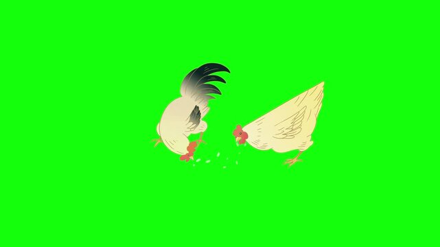 A 2D animated video of a rooster and hen feeding together on a bright green background. The rooster and female chicken peck at scattered grains with natural head-bobbing motion, slight leg movement.