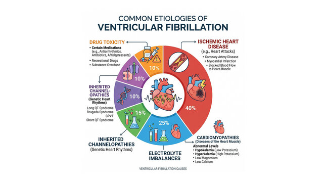 Common Etiologies of Ventricular Fibrillation - Pie Chart of VF Causes: Ischemic Heart Disease, Cardiomyopathies, Electrolyte Imbalances, Drug Toxicity, and Inherited Channelopathies 