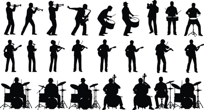 Silhouettes of diverse musicians playing instruments including trumpet saxophone guitar violin drums and cello arranged in artistic composition