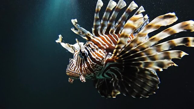 Majestic Lionfish Swimming in Deep Dark Blue Ocean Water