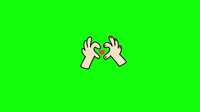 A 2D animated video of two cartoon hands forming a heart shape with their fingers on a bright green background. Add a small red heart icon in the center, smooth hand movement, soft bounce.