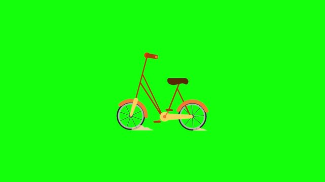 A 2D animated video of a simple cartoon bicycle on a bright green background. Show subtle wheel rotation, gentle frame bounce, and a slight rocking motion as if the bicycle is standing naturally. 