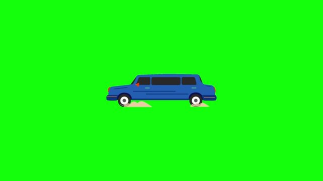 A 2D animated video of a long blue limousine car in side view on a bright green background. Add subtle wheel rotation, gentle body bounce, and a slight idle rocking motion. Clean cartoon vector style,