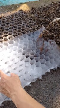 Close up shot of a hand touching a white plastic geocell while dark soil is being poured into the grid.