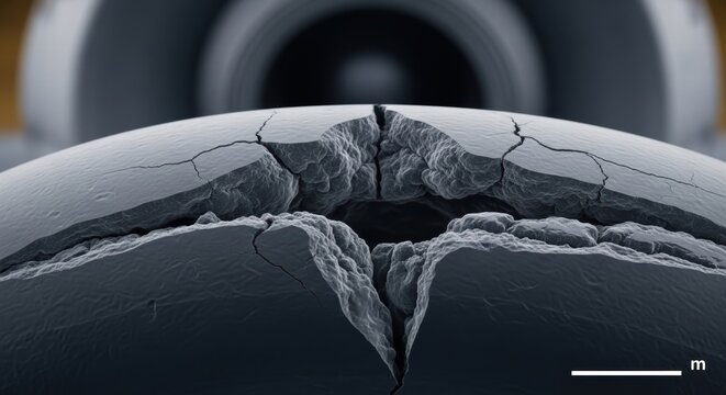 Extreme macro view of a fractured spherical component showing intricate surface damage and stress fractures