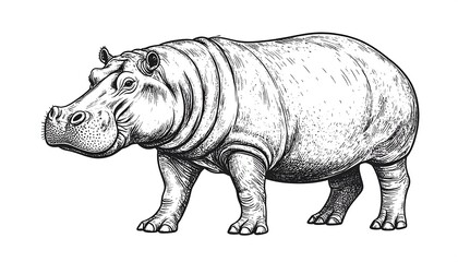 Fototapeta premium Monochrome illustration of a hippopotamus, viewed from the side, showcasing detailed linework and texture, set against a plain white background