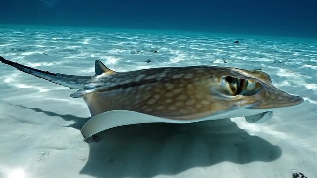 Spotted Ray Swimming Along the Sandy Ocean Floor in Clear Water