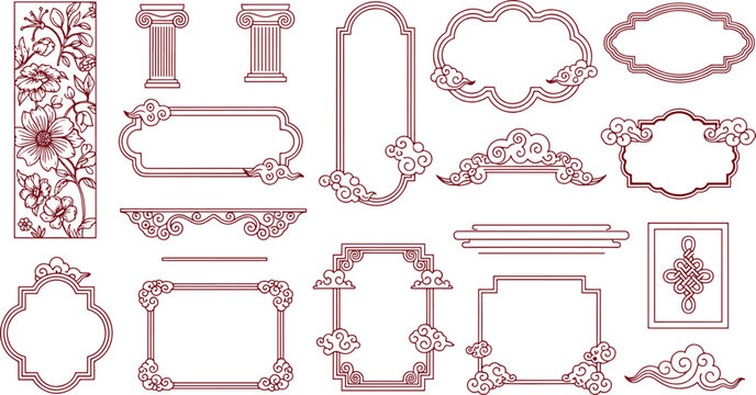 Collection of traditional oriental decorative frames with chinese cloud patterns floral borders and classical architectural columns for elegant cultural designs vector illustration