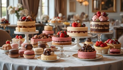 Fototapeta premium Luxury Dessert Table with Macarons Chocolate Truffles and Strawberry Tarts
