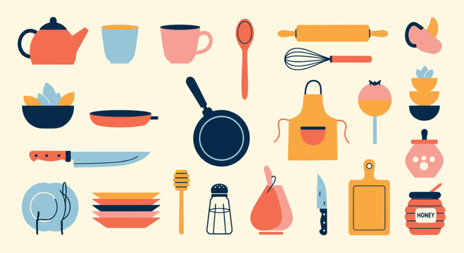 Collection of colorful modern kitchen tools and cooking utensils icons set featuring minimalist flat design elements for culinary themed vector illustration
