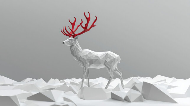 A minimalist, low-poly 3D render of a white stag with vibrant red antlers, standing in a geometric snowy landscape.