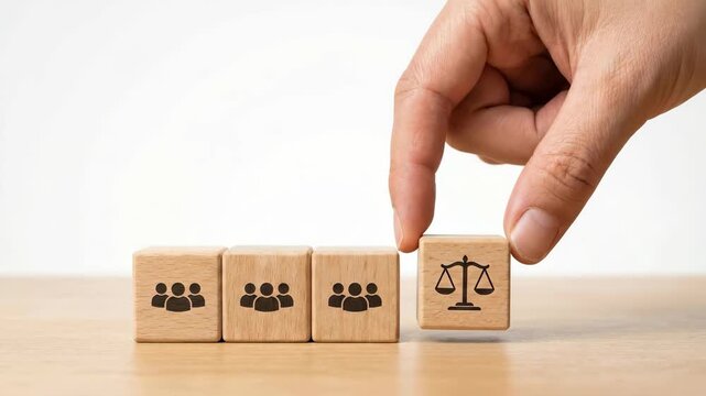 Employment law justice legal fairness equality balance hand wooden block scale compliance governance ethics decision. Employee labor law compliance justice, rights, fairness, ethics, regulation