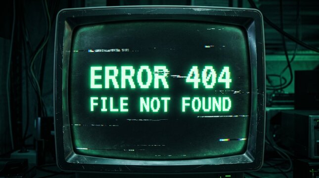 Retro Error: A vintage computer monitor displays a classic ERROR 404 FILE NOT FOUND message, evoking a sense of digital glitch and technical malfunction.