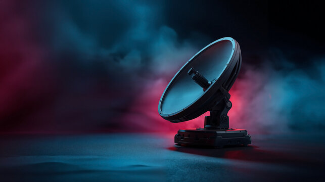 Rugged tactical portable satellite uplink dish with matte black finish isolated on a solid dark charcoal background with sharp blue and red lighting and thick dramatic fog
