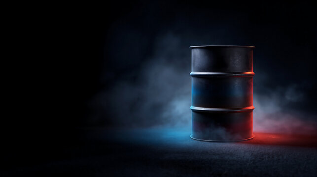 Weathered steel oil drum with matte black finish isolated on a dark charcoal background with vibrant blue and red rim lighting and thick dramatic fog swirling around the base