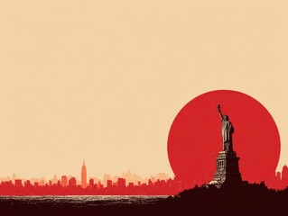 Naklejka premium Detailed Statue of Liberty silhouette on a hill overlooking New York City and a large red sun