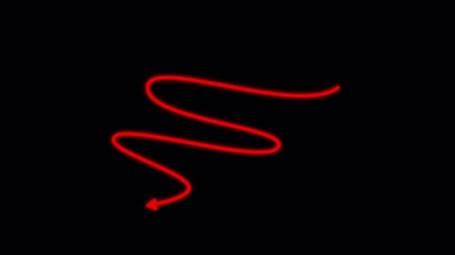 Red curved arrow path on black background representing unpredictable market movement, chaotic financial trends, business uncertainty, 4K video
