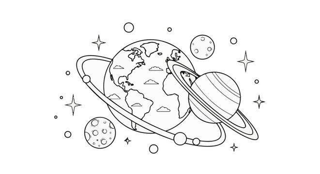 A black and white illustration of celestial bodies in space, featuring a planet with rings