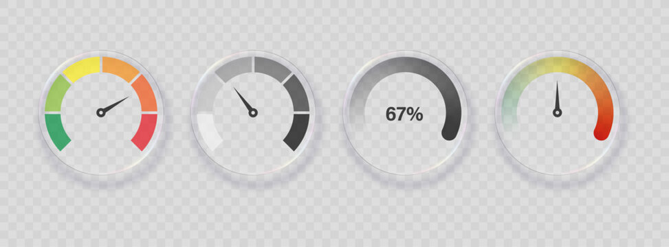 Collection of realistic round glass measuring indicators with various chart display systems. Vector 3D illustration.