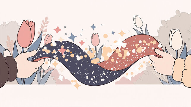 Two figures connected by a glowing pheromone ribbon filled with sparkling particles in a fairy tale spring garden with blooming tulips and pastel flat art illustration