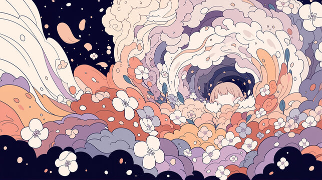 Girl surrounded by a vibrant swirling pheromone cloud of spring flowers and glowing dust in a lavender and peach flat art fairy tale illustration with thick bold outlines