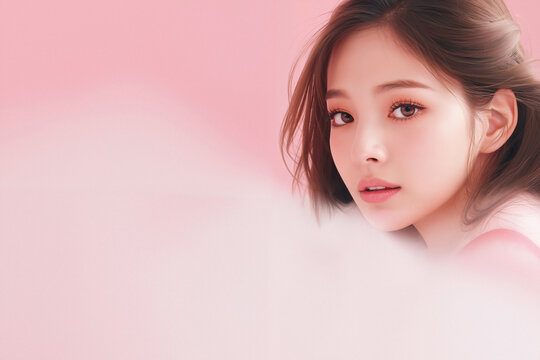 Female k-pop idol beauty portrait with radiant glass skin and naturally flushed rose cheeks against a solid soft beige background with thick white fog flowing across the bottom