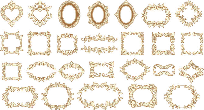 Collection of elegant gold ornamental frames with vintage filigree borders and baroque decorative elements for luxury invitation design vector illustration