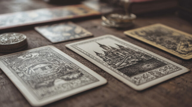 Vintage mystical tarot cards with intricate gothic engravings of castles and celestial symbols laid out on a dark weathered wooden table for a divination ritual or occult spiritual guidance session.